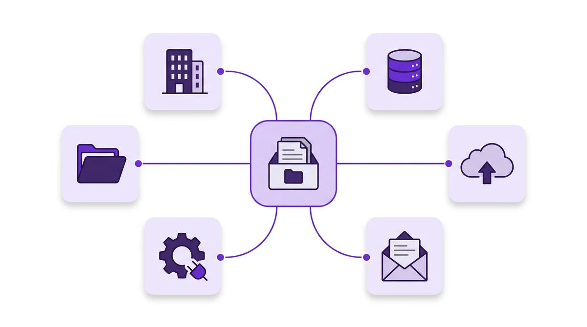 Infografika: centralny hub AIArchiwum połączony liniami z systemami: CRM/ERP, baza danych, dysk w chmurze, e‑mail, API i foldery.